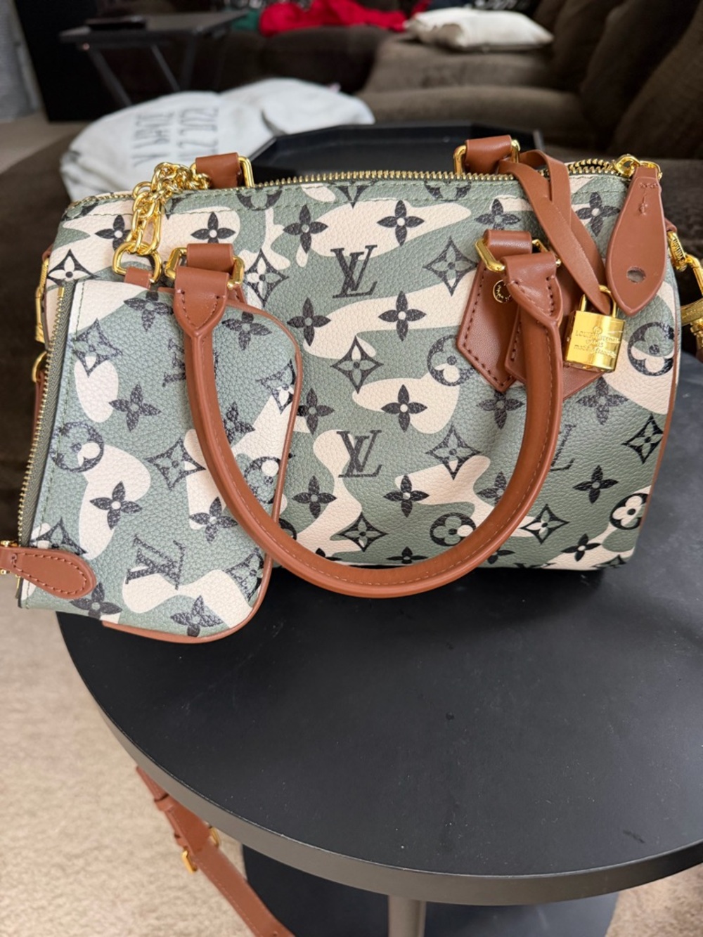 Green and Cream Monogram Satchel with Brown Trim